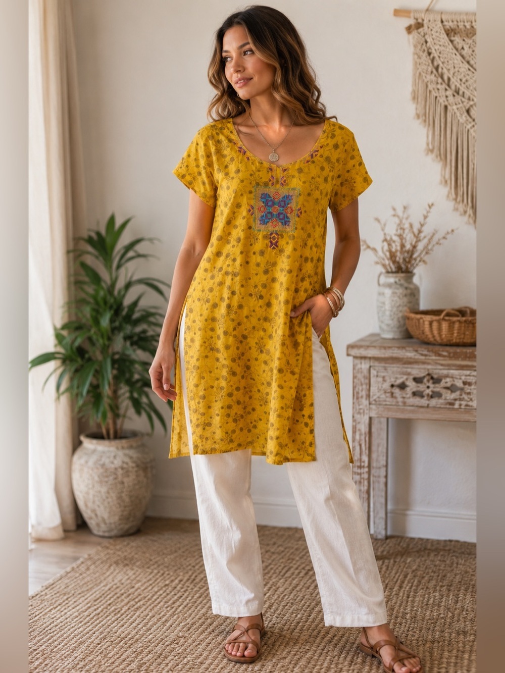 Handmade Bohemian Embroidered Split-Side Tunic Top - Mustard Yellow Size L